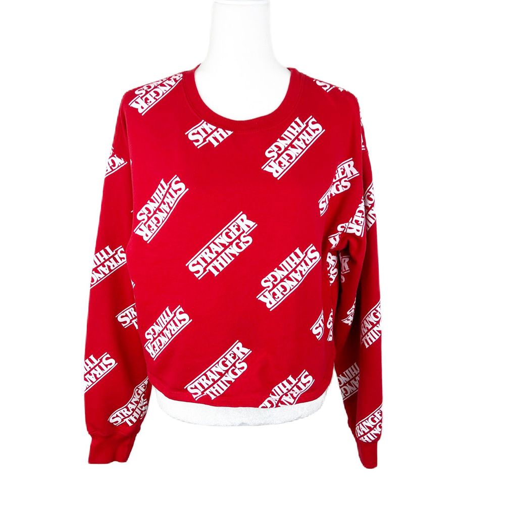 Stranger Things Sweater Women XL Red Spellout All Over Print Cropped Pullover